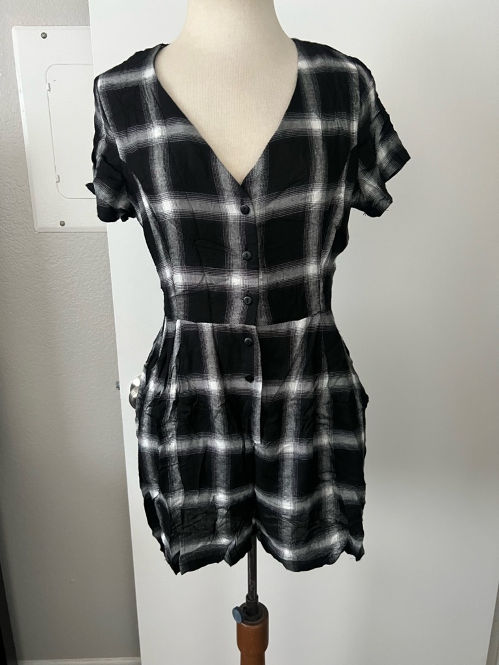 Disturbia Black & White Plaid Button Romper